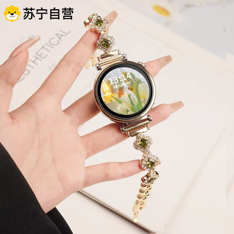 适用oppo watch x2mini表带明日金新款施华洛四叶草金属表链x3mini女款夏天运动智能尚高级感透气腕