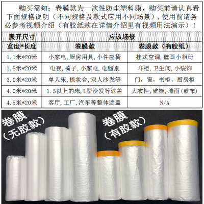 防尘罩防尘布米魁遮盖防灰尘家具床沙发家用遮尘盖布一次性装修塑料膜有胶纸款（买1送1）3.0米×20米