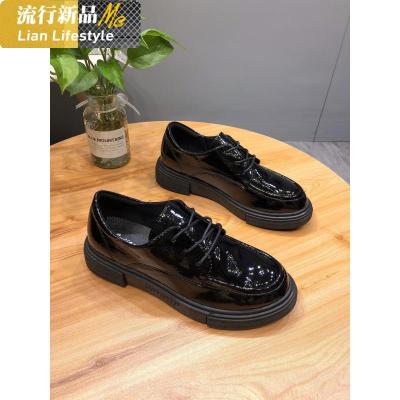 系带小皮鞋女复古圆头春网红百搭英伦风休闲鞋漆皮布洛克厚底单鞋知义(ZHIYI)休闲鞋