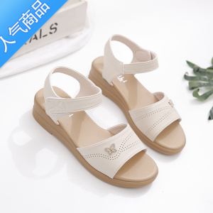 SUNTEK凉鞋女2023年夏季新款中年妈妈软底舒适坡跟防滑平底中老年凉鞋女