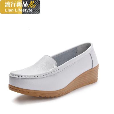 2020春季真皮松糕鞋女厚底防水台护士小白鞋坡跟妈妈鞋软底工作鞋知义(ZHIYI)休闲鞋