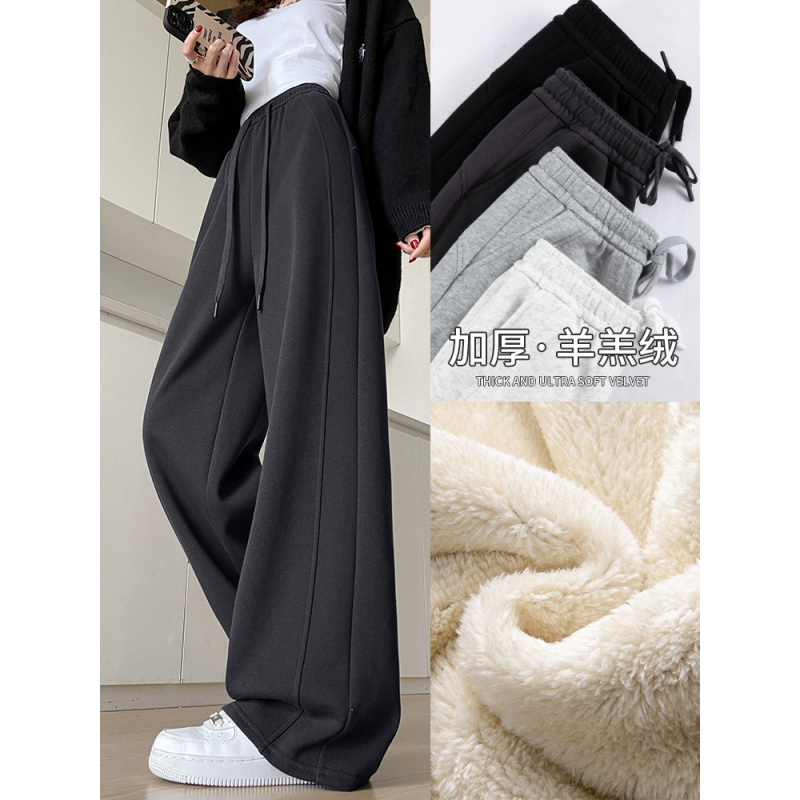 羊羔绒运动裤女秋冬季加绒加厚棉裤卫裤休闲小个子窄版香蕉阔腿裤