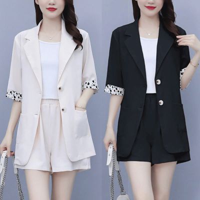 2021年夏装大码女装短袖胖mm遮肚西装外套短裤两件套套装多艺猫