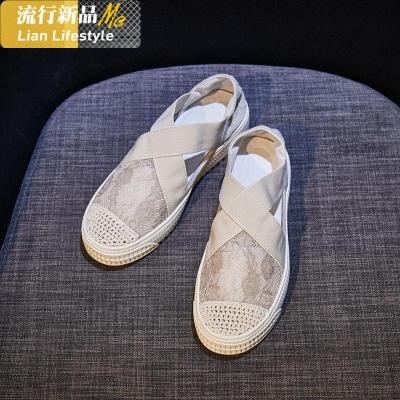 渔夫鞋女2020春季新款时尚蕾丝透气平底百搭休闲一脚蹬懒人乐福鞋知义(ZHIYI)女士低帮鞋休闲鞋