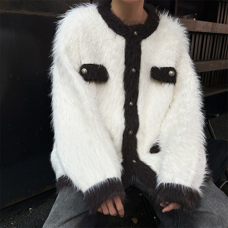 男装新款水貂绒毛衣男士外套小香风撞色针织开衫情侣潮牌时尚毛衣