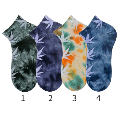 SUNTEK4双装扎染枫叶袜子男女情侣短袜潮袜牌低帮棉春夏季ins船袜麻叶