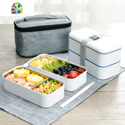 封后304不锈钢保温饭盒上班族可微波炉加热便携学生分隔便当餐盒套装 FENGHO 韩式4格深蓝(收藏加购送保温袋+餐具套