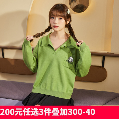 [2.5折价87元]唐狮春秋新款翻领卡通毛衣女慵懒风减龄时尚设计感宽松上衣