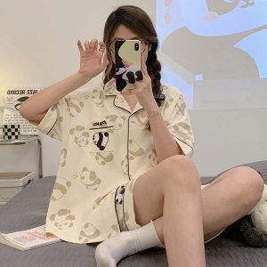 女士春夏季睡衣短袖短裤翻领开衫棉质卡通可爱可外穿家居服套装