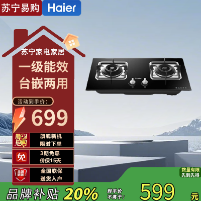 海尔JZT-QE5B0(12T) 一级能效直燃火燃气灶下进风台嵌两用钢化玻璃面板4.5千瓦大火力