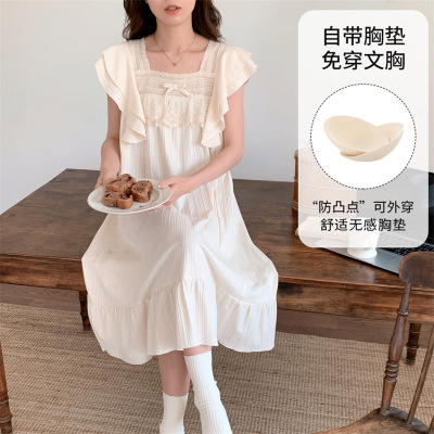 宫廷风睡衣女士夏季短袖仿棉带胸垫睡裙中长款卡通休闲大码家居服