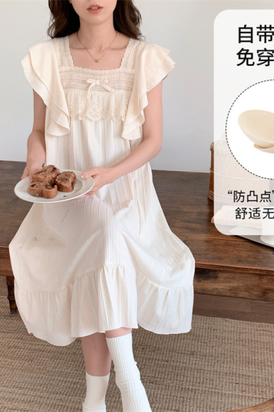 宫廷风睡衣女士夏季短袖仿棉带胸垫睡裙中长款卡通休闲大码家居服