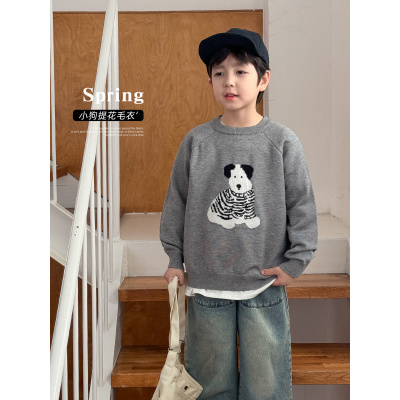 童酷男童秋款湖州织里童装可爱小狗提花圆领针织宽松儿童毛衣