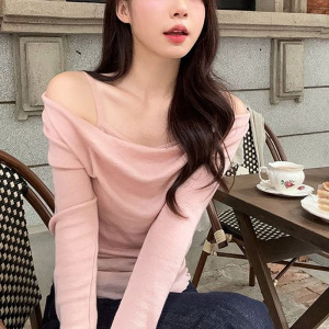 假两件露肩拼接长袖女设计感新款修身显瘦木耳边一字肩打底上衣潮