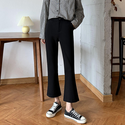语娄喇叭裤复古港风高腰小个子分叉裤子微喇裤前开叉衩八分九分西装裤2021西裤