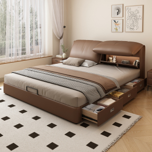 欧梵森轻奢多功能储物真皮床主卧高端大气1.8米双人大床现代简约婚床