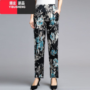 YIBUSHENG季中老年女裤休闲裤女高腰弹力妈妈裤子大码中年女裤长款花裤子