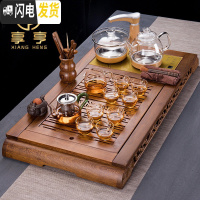 三维工匠鸡翅木整块实木茶盘办公室一体茶台简约会客功夫茶具套装家用 悠闲雅致(90*47CM)+玻璃茶具 27件