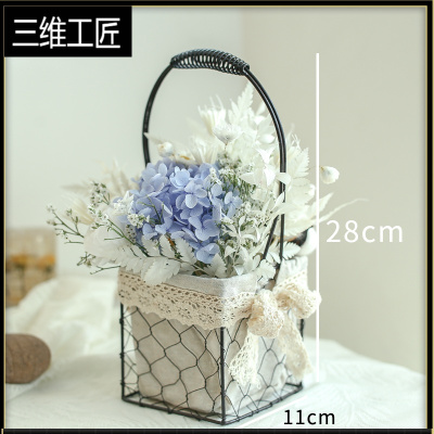 永生花玫瑰花束桌面装饰小清新干花奶茶咖啡店文艺小摆件铁艺花蓝三维工匠蓝绣球永生花束+铁艺花篮干花包