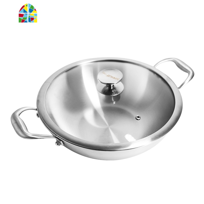 316不锈钢双耳小炒锅无涂层无柳钉燃气电磁炉适用不粘锅火锅34cm FENGHOU 双耳锅(32cm)不锈钢盖