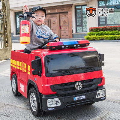 正版授权-新款儿童电动车消防车四轮遥控汽车男女儿童可坐人玩具车摇摆童车星辰皓红色消防车-+送消防礼包