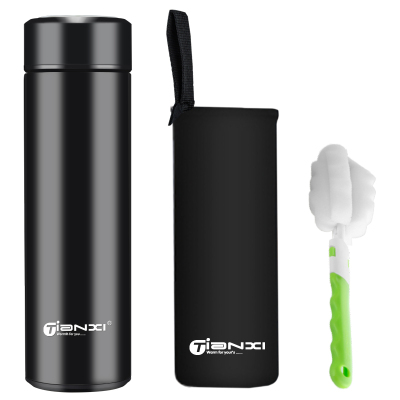 天喜(TIANXI)保温杯男便携水杯大容量茶杯学生女304不锈钢杯子带杯套杯刷黑色带杯套杯刷