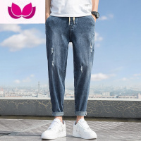 七斓夏季弹力牛仔裤男薄款潮胖子宽松加肥加大码松紧腰小脚破洞九分裤
