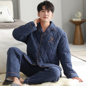 冬季睡衣男士三层针织加厚保暖夹棉袄加大码男士家居服套装可外穿