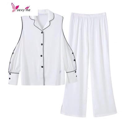 睡衣女夏天薄款性感露肩睡裙白色家居服休闲两件套夏季居家服FISHBASKET