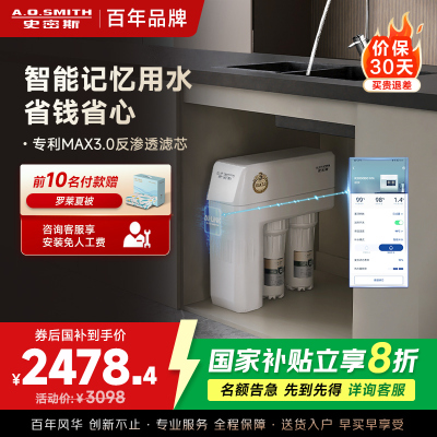 史密斯净水器家用整机保5年 3:1高水效专利MAX3.0反渗透滤芯1.6升/分钟厨下式直饮净水机R1600HWi-E