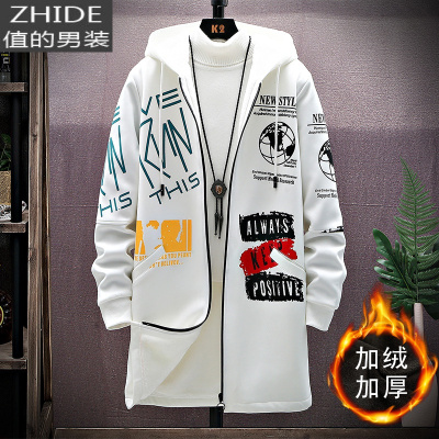 SUNTEK胖子日系涂鸦加绒风衣男大码宽松街头潮牌冬季连帽中长款棉服外套风衣
