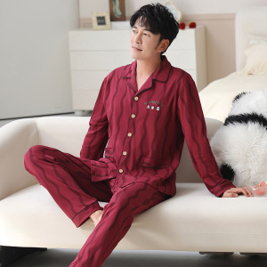秋冬季棉质开衫翻领男士长袖结婚新婚加大码本命年休闲家居服套装
