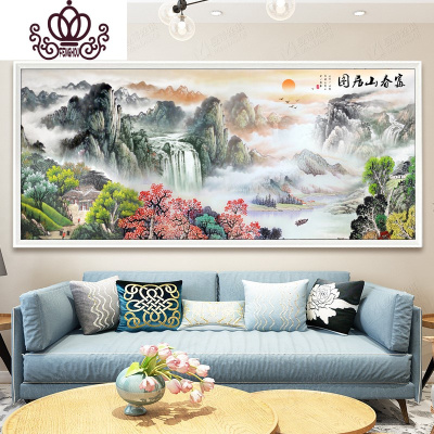 封后热卖新款精准印花十字绣满绣客厅风景图流水生财大格4股绣230*100厘米丝线