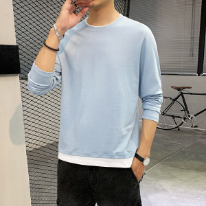 秋冬季长袖T恤男士韩版简约拼接打底衫纯棉纯色秋衣