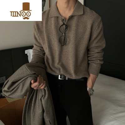YANXU感男士毛衣韩版宽松休闲纯色翻领针织polo衫长袖外套