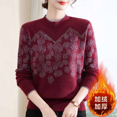 妈妈冬装加绒加厚毛衣半高领内搭保暖上衣中老年女秋冬针织打底衫_1_686