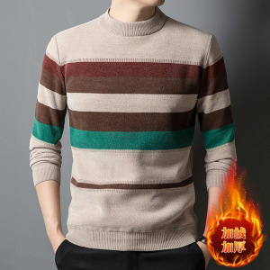冬季男士加厚毛衣圆领加厚针织上衣条纹保暖打底爸爸T恤加绒男装_3267