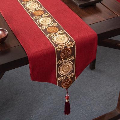 新中式禅意桌旗美式茶几餐桌布艺长条电视柜盖巾现代简约北欧床 阖家圆-红色 33*300cm(适用桌长2.4米-2.6米)