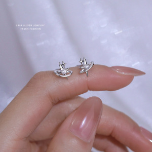 韩版个性冷淡风四芒星锆石耳钉女s999纯银百搭轻奢足银星星耳饰送女朋友老婆情人节七夕生日礼物 白金色