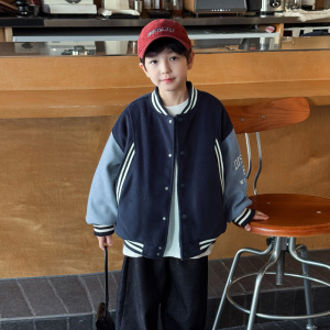 童酷男童冬款字母印花拼色宝宝棉服毛呢加厚夹棉儿童棒球服潮