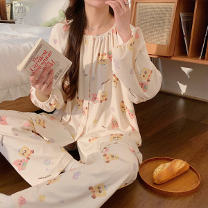 长袖睡衣女秋冬季可爱卡通休闲开衫青少年宽松学生外穿家居服套装