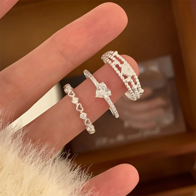 s925纯银爱心戒指指组合简约闺蜜甜美温柔开口食指戒小众指环送女朋友老婆情人节七夕生日礼物