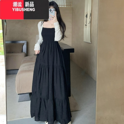 YIBUSHENG大码法式赫本风连衣裙女胖MM复古黑色吊带裙子短款防晒开衫两件套