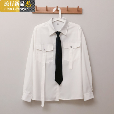 恋名媛春秋新款学院风长袖宽松百搭衬衫女胖mm大码设计感小众领带上衣潮大码女装
