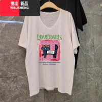 YIBUSHENG大码V领T恤女2024新款竹节棉白色短袖oversize休闲宽松显瘦上衣