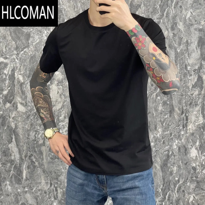 HLCOMAN网红同款夏季圆领短袖男纯色修身百搭潮牌T恤纯黑打底内搭衫