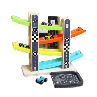 木质云霄飞车四层滑翔车轨迹车滑滑车儿童互动玩具单轨4层+4车