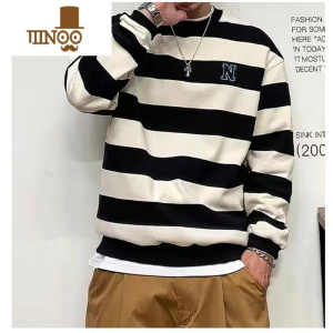 YANXU新款日系条纹卫衣男士潮流百搭宽松内搭打底衫圆领长袖上衣