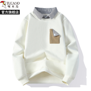 啄木鸟春秋冬季新款衬衫领假两件长袖套头厚棉T男士加绒大尺码打底衫