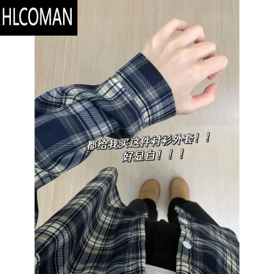 HLCOMANvintage复古蓝白格子衬衫男春季新款美式长袖上衣cleanfit薄外套